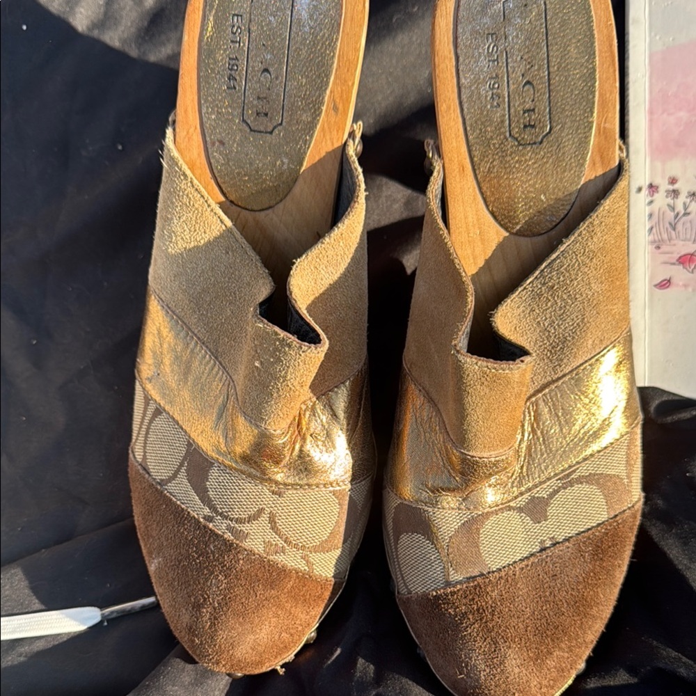 Coach Gold and Brown Mules with Woven Straps